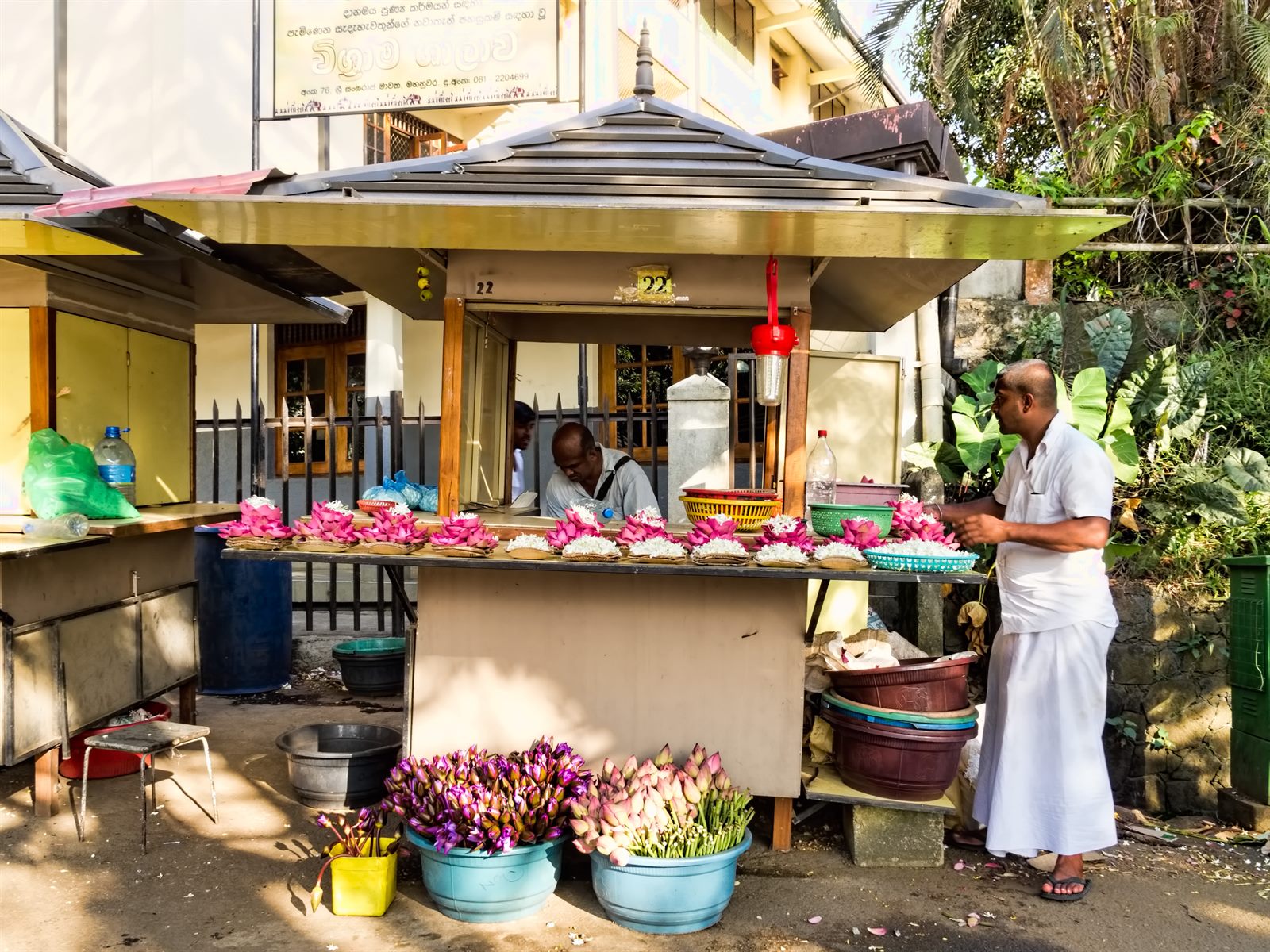 A flower stall outside a temple in Kandy, its counter laid with pink lotus blooms and jasmine sold as offerings.
